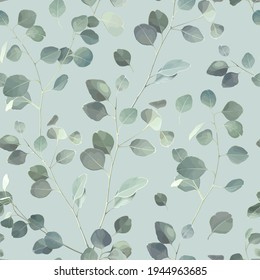 Seamless pattern with different branches of Eucalyptus Silver Dollar on a light blue-green background. Vector illustration of greenery, foliage and natural leaves. Template for floral textile design