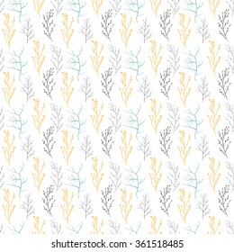 Seamless pattern of different branches of the trees.It contains branches of different colors, shapes and sizes. branch of yellow, gray and blue. White background.