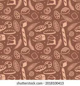 Seamless pattern with different bread elements, wheat and flour. Vector illustration in hand-drawn doodle style