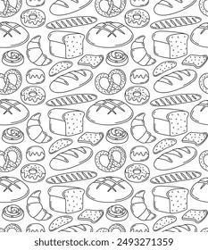 Seamless pattern with different bread types. Vector contour background with bakery rye products, sliced bread, french baguette, croissant and bagel