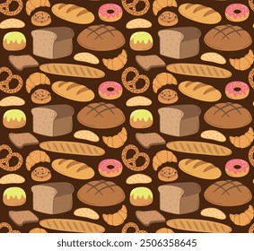 Seamless pattern with different bread. Vector colorful background with bakery rye products, sliced bread, french baguette, croissants and bagels	