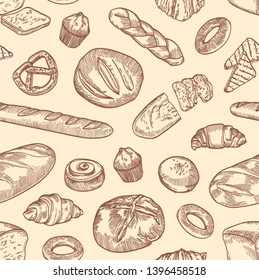Seamless pattern with different breads and backed products hand drawn with contour lines on light background. Backdrop with bakery assortment. Elegant realistic vector illustration for wrapping paper.