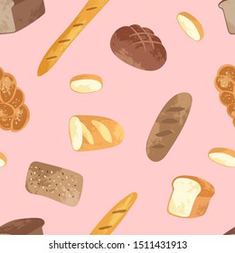 Seamless pattern with different breads and homemade baked products: croissant, baguette, toast, pretzel. Bakery goods background for cooking book, restaurant menu, posters, prints, wrapping paper