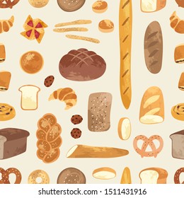 Seamless pattern with different breads and homemade baked products: croissant, baguette, toast, pretzel. Bakery goods background for cooking book, restaurant menu, posters, prints, wrapping paper