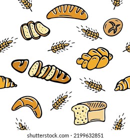 Seamless pattern with different breads and homemade baked products, baguette. Bakery goods background for cooking book, prints, wrapping paper