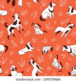 Seamless pattern with different breeds of dog. Vector funny animal repeated design. Pet background in hand-drawn style. 