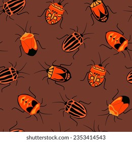 Seamless pattern with different bright beautiful beetles. Vector graphics.