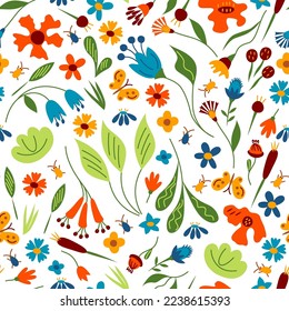 Seamless pattern with different bright flowers and bugs. Vector illustration.