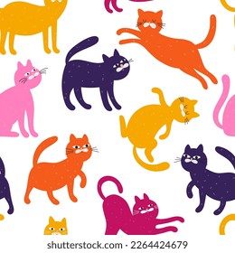 Seamless pattern with different bright silhouettes of cats in a doodle style. Cartoon cat characters. Perfect for fabric  wrapping paper textile or t shirt print