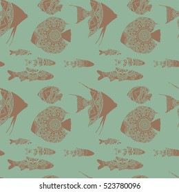 Seamless pattern with different brown fishes on blue background with mandalas, vector illustration