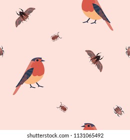 Seamless pattern with different bugs and birds