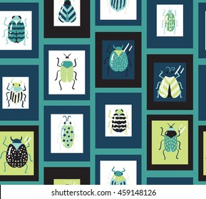 Seamless pattern with different bugs in borders hanging on the wall