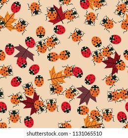 Seamless pattern with different bugs, ladybugs and leaves
