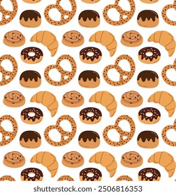 Seamless pattern with different buns. Vector colorful background with bakery products in flat style