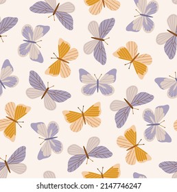 Seamless pattern of different butterfly. Hand-drawn vector insects, isolated on beige background. Spring season concept, Easter, nature.
