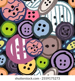 Seamless pattern with a lot of different buttons. Vector, isolated. Hand draw, doodle. New, interesting and colorful.