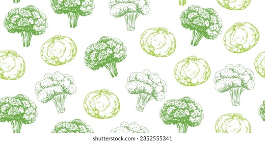 Seamless pattern with different cabbage. Broccoli, cauliflower on white background. Hand drawn cauliflower. Green vegetables. Food drawn with hatching. Sketch of broccoli. Vector texture