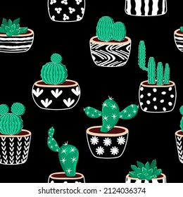 Seamless  pattern from different  cacti in black and white flowerpots with an ornament.Vector hand drawn illustration with green plants on black .Trendy  background and texture for printing on fabric.