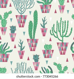 Seamless pattern with different cacti. Can be used on packaging paper, fabric, background for different images and etc.