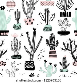 Seamless pattern with different cacti in flowerpots. Perfect for fabric, textile. Vector background. Hand drawn style