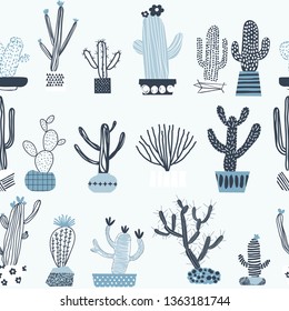 Seamless pattern with different cacti in flowerpots. Perfect for fabric, textile. Vector background. Hand drawn style