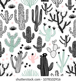Seamless pattern with different cacti. Perfect for fabric, textile. Vector background.