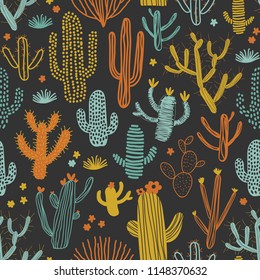 Seamless pattern with different cacti. Perfect for fabric, textile. Vector background.