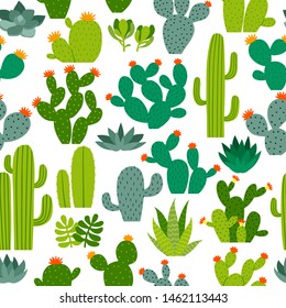 seamless pattern with different cacti and succulents on white background. Vector seamless pattern with cactus for textile and fabric
