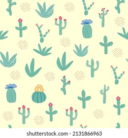 seamless pattern with different cactus. Bright repeated texture with green cacti. Natural hand drawing background with desert plants.