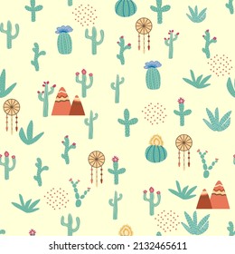 seamless pattern with different cactus. Bright repeated texture with green cacti. Natural hand drawing background with desert plants.