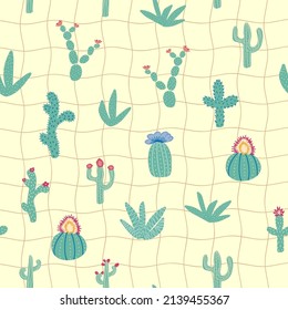 seamless pattern with different cactus. Bright repeated texture with green cacti. Natural hand drawing background with desert plants.