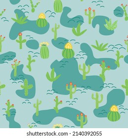 seamless pattern with different cactus. Bright repeated texture with green cacti. Natural hand drawing background with desert plants.