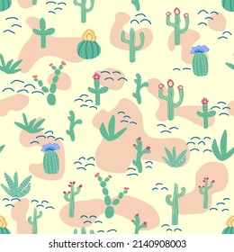 seamless pattern with different cactus. Bright repeated texture with green cacti. Natural hand drawing background with desert plants.