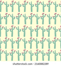 seamless pattern with different cactus. Bright repeated texture with green cacti. Natural hand drawing background with desert plants.