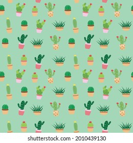 Seamless pattern with different cactus and flowers on green background. Perfect for fabric, textile. Vector background.