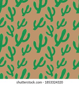 seamless pattern with different cactus plants on a brown background