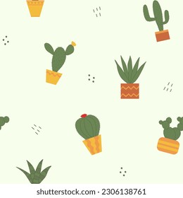 Seamless pattern with different cactus in pots, flat doodle vector