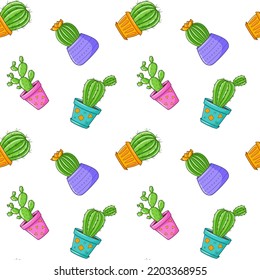 Seamless pattern with different cactus, succulent plant in bright flower pot. Cartoon Cacti. Hand drawing background with houseplants. Vector illustration on white background