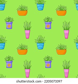 Seamless pattern with different cactus, succulent plant in bright flower pot. Cartoon Cacti. Hand drawing background with houseplants. Vector illustration on green background