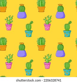 Seamless pattern with different cactus, succulent plant in bright flower pot. Cartoon Cacti. Hand drawing background with houseplants. Vector illustration on yellow background