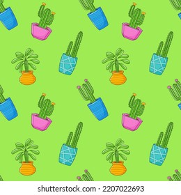 Seamless pattern with different cactus, succulent plant in bright flower pot. Cartoon Cacti. Hand drawing background with houseplants. Vector illustration on green background