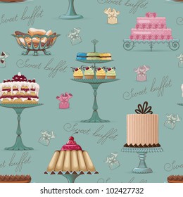 Seamless pattern with different cakes