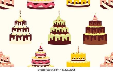 Seamless pattern with different cakes with cream for birthdays, weddings, anniversaries and other celebrations. Vector illustration of a flat design on white background