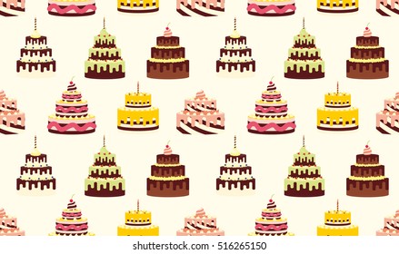 Seamless pattern with different cakes with cream for birthdays, weddings, anniversaries and other celebrations. Vector illustration of a flat design on white background