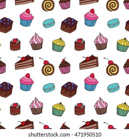 Seamless pattern of different cakes: cupcakes, pastry, biscuit, cookie. Hand drawing. Vector.