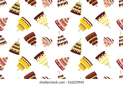 Seamless pattern with different cakes on a white background. Vector illustration