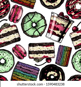Seamless pattern with different cakes. Tiramisu, donut, cranachan, vinarterta and macaron. Vector illustration background in ink hand drawn style.