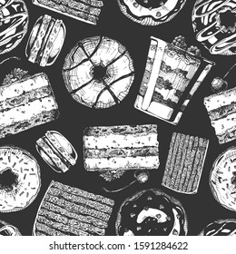 Seamless pattern with different cakes. Tiramisu, donut, cranachan, vinarterta and macaron. Vector illustration background in ink hand drawn style.