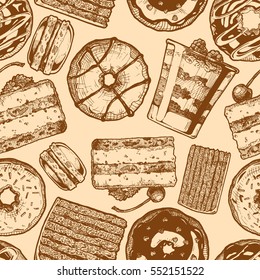 Seamless pattern with different cakes. Tiramisu, donut, cranachan, vinarterta and macaron. Vector illustration background in ink hand drawn style.