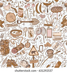 Seamless Pattern with Different Camping Objects.Travel and Recreation Time Concept. Hand Drawn illustration.